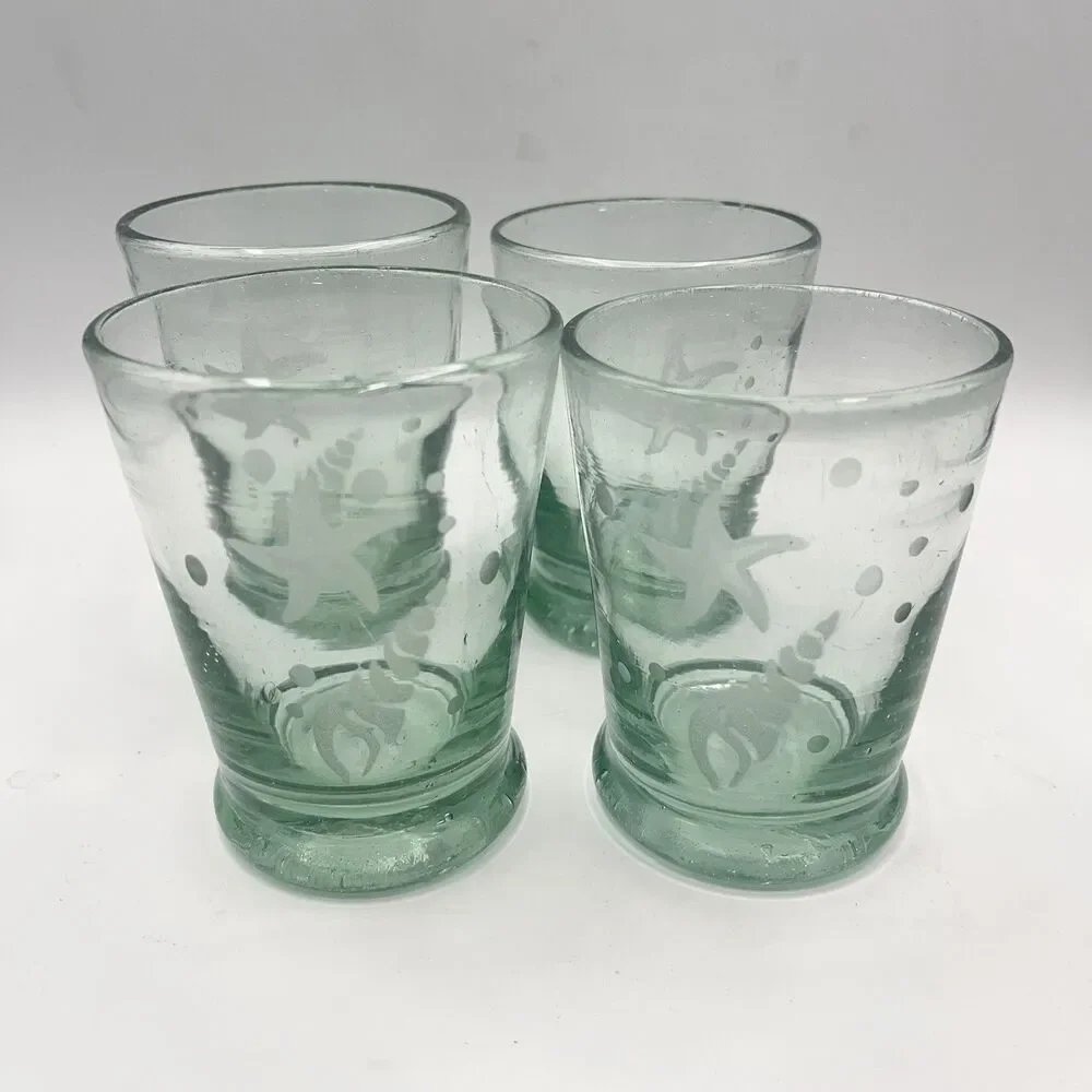 Set Of 4 Hand Blown Green Glass Etched Starfish Shell 8 oz 4” Heavyweight Bottom
